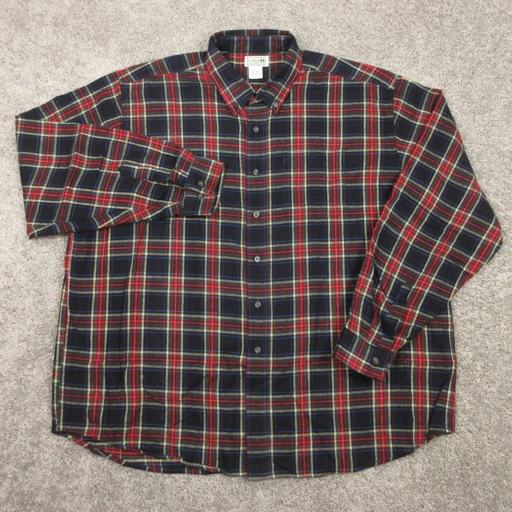 LL Bean Shirt Mens 2XL Black Red Plaid Twill Flannel Outdoor Work Button Up